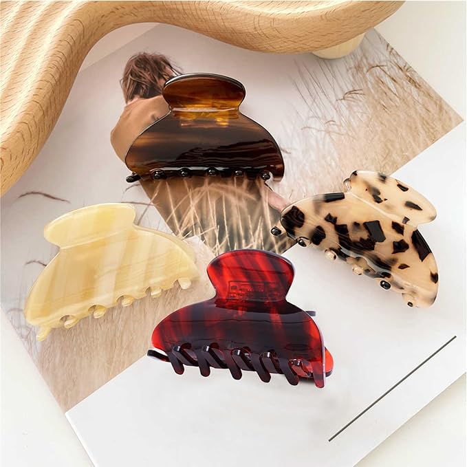 Womens Hair Clips Medium Claw Clips Tortoise Hair Jaw Clips Celluloid Hair Claw Clamps Acetate Hair Clip 3 Pack,Burgundy/Beige/Black