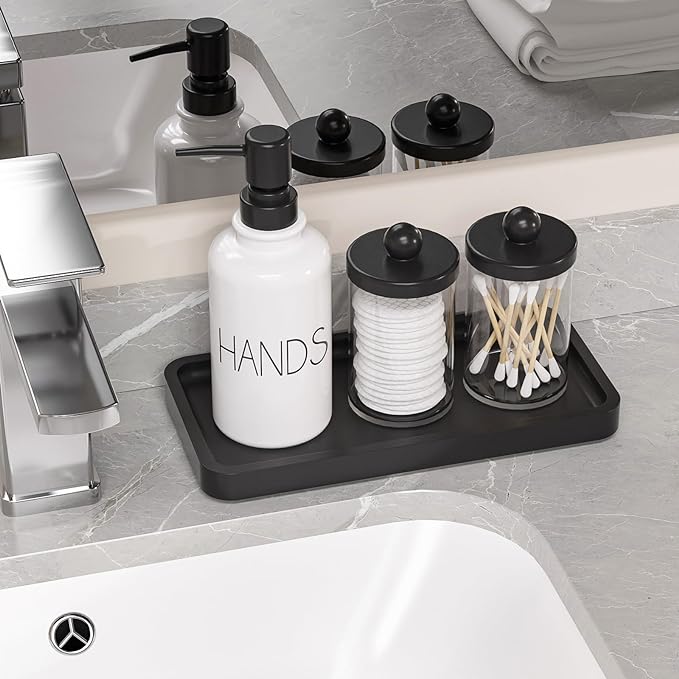 Weenson Small Bathroom Vanity Tray for Countertop Makeup Perfume Jewelry Decor Candle Keys, Small Black Kitchen Tray for Soap Dispenser Spice Bamboo Toilet Tray 7.9" L x 4" W x 0.79" H