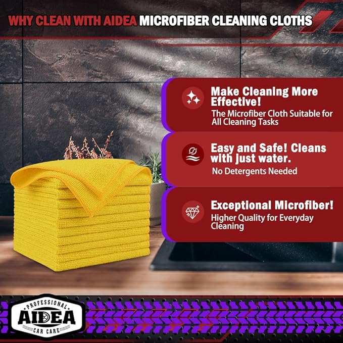 AIDEA Microfiber Cleaning Cloth, 10PK, Microfiber Towels for Cars, Premium All-Purpose Car Cloths, Dusting Cloth Cleaning Rags, Absorbent Towels for SUVs, House, Kitchen, Window, 12"×12", Yellow