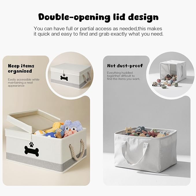 Dog Toy Basket with Double-Open Lid, Divided Dogs Basket for Toys, Collapsible Pet Toys Box, Dog Storage Organizer with 2 Divided Area, Puppy Toy Baskets with Rope Handles, Beige & Gray