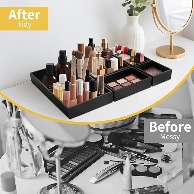 5PCS Bamboo Drawer Organizer Set with Adjustable Dividers,Stackable Kitchen Bathroom Office Desk Organizer Storage Box Container Trays for Utensils, Makeup, Silverware,Non-Slip Silicone Pads