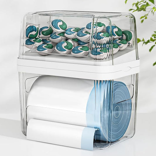 2-in-1 Trash Bag Holder Laundry & Dishwasher Pods Container, Garbage Bag Dispenser with Removable Lids, Kitchen Organizer and Under Sink Storage Box
