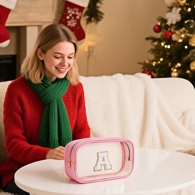 YOOLIFE Christmas Gifts For Teenage Girls Stocking Stuffers For Teen Girls Teacher Gifts Initial Clear Makeup Bag Birthday Gift Travel Toiletry Cosmetic Bags Birthday Gift Travel Essentials Pink A