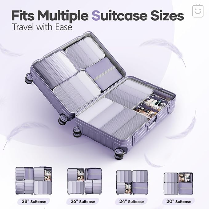 Veken 9/11 Set Compression Packing Cubes for Travel Essentials,Compressible Expandable Large Luggage Suitcase Organizer Bags for Clothing,Durable Space Saver Storage Bags(Purple Gray)