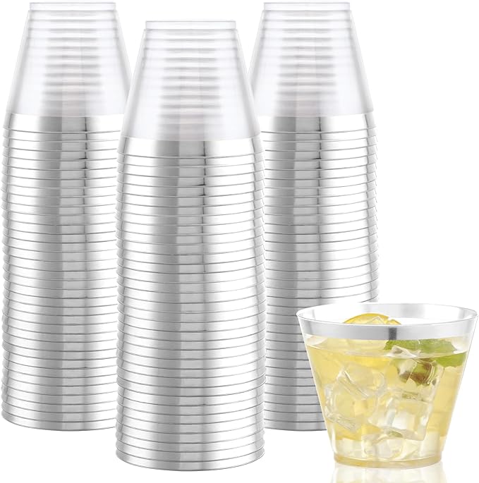 Hioasis 200Pcs 9OZ Clear Plastic Cups with silver Trim - Plastic Disposable Cups, Heavy Duty & BPA-free for Party, Wedding, Celebration