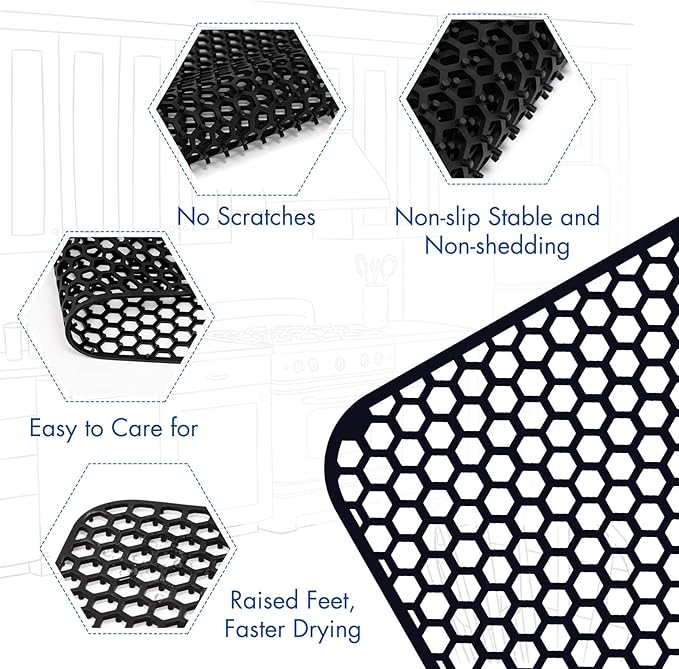 Silicone Sink Protectors for Kitchen Sink with Center Drain, 26"x 14" Kitchen Grid Accessory, Non-Slip Heat-Resistant Mat for Bottom of Farmhouse Porcelain Stainless Steel (Center Hole, Black)