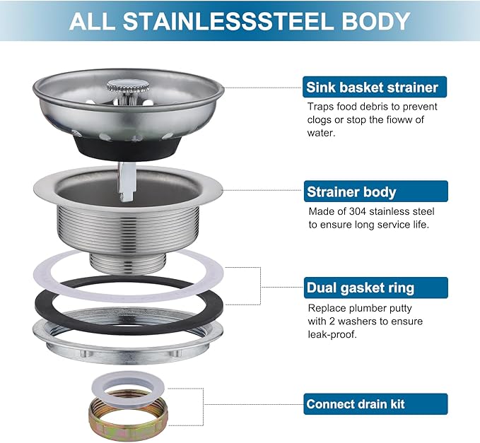 ZM Kitchen Sink Stainless Steel Basket Strainer with Drain Assembly, 3-1/2 Inch Sink Drain Stopper Plug
