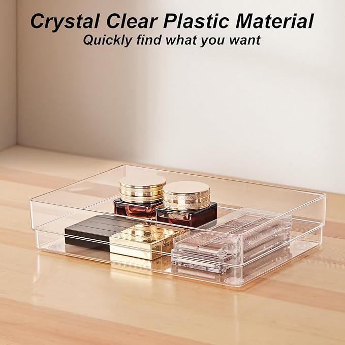 SMARTAKE 25-Piece Drawer Organizer with Non-Slip Silicone Pads, 4-Size Desk Drawer Organizer Trays Storage Tray for Makeup, Jewelry, Utensils in Bedroom Dresser, Office and Kitchen (Clear)