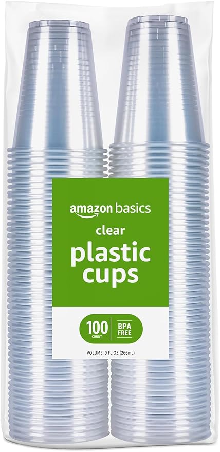 Amazon Basics Small Disposable Clear Plastic Cups, 9oz, 100 Count (Pack of 6)