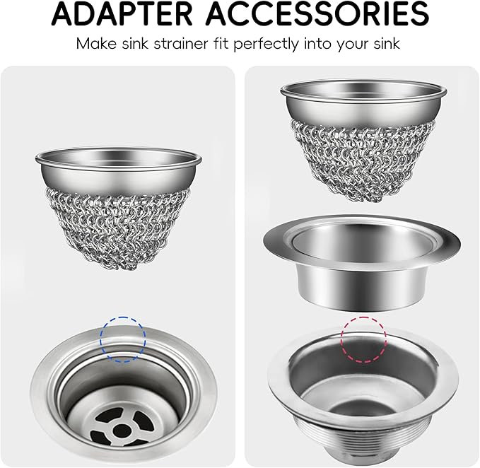 1 Set Kitchen Sink Strainer (Black): with Adapter, Flexible Insert Chain Mesh Screen. 304 Stainless Steel, Clog-Free Catcher for Universal Sizes (Garbage Disposal)