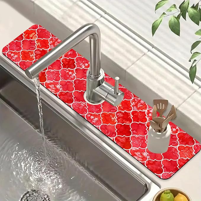 Watercolor Moroccan Marbled Sink Splash Guard Red Tiles Faucet Absorbing Mat Fast Drying Mat Sink Gadgets Splash Guard Behind Faucet Drip Catcher for Kitchen Bathroom, 23.5"x5.5"