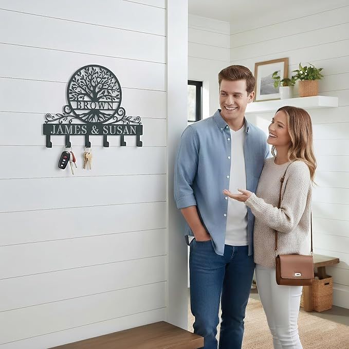 Personalized Tree of Life Metal Key Holder for Wall, Monogram Coat Rack Wall Mount, Key Hooks for Bathroom, Living Room, Kitchen, Office, Wedding, Anniversary & Housewarming Gift