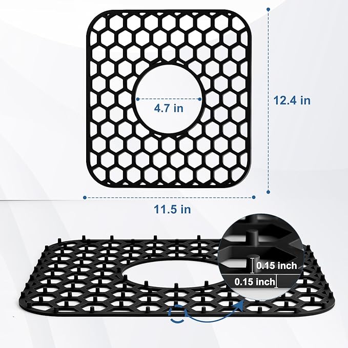 2 Pack Silicone Sink Protectors for Kitchen Sink - 12" x 11" Kitchen Grid Accessory, Non-Slip Heat-Resistant Mat for Bottom of Porcelain Stainless Steel, Dishwasher Safe (Black)