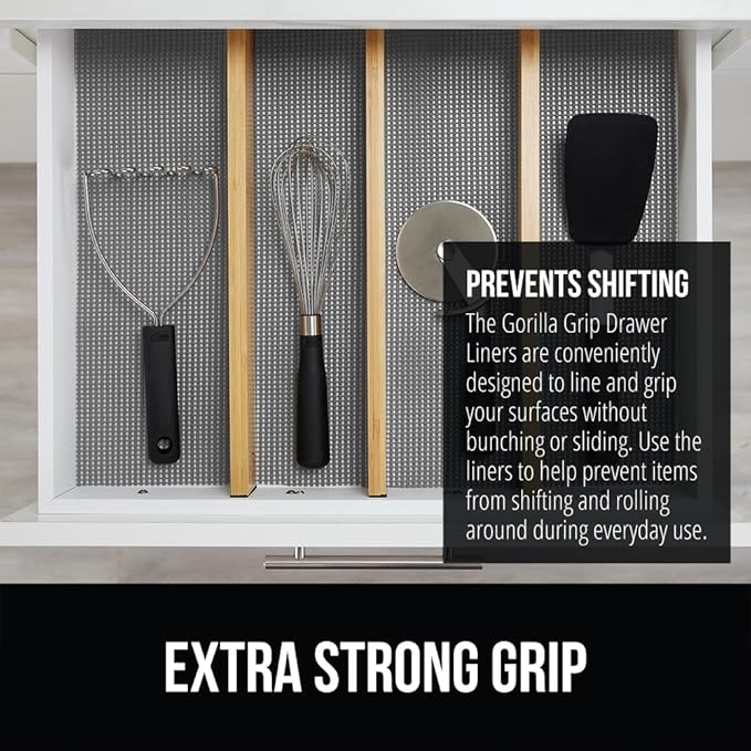 GORILLA GRIP powerGRIP Drawer Shelf and Cabinet Liner, Thick Strong Hold, Non-Adhesive Liners Protect Kitchen Cabinets and Cupboard, Bathroom Drawers, Easy Install, Breathable Mat, 12" x20', Gray