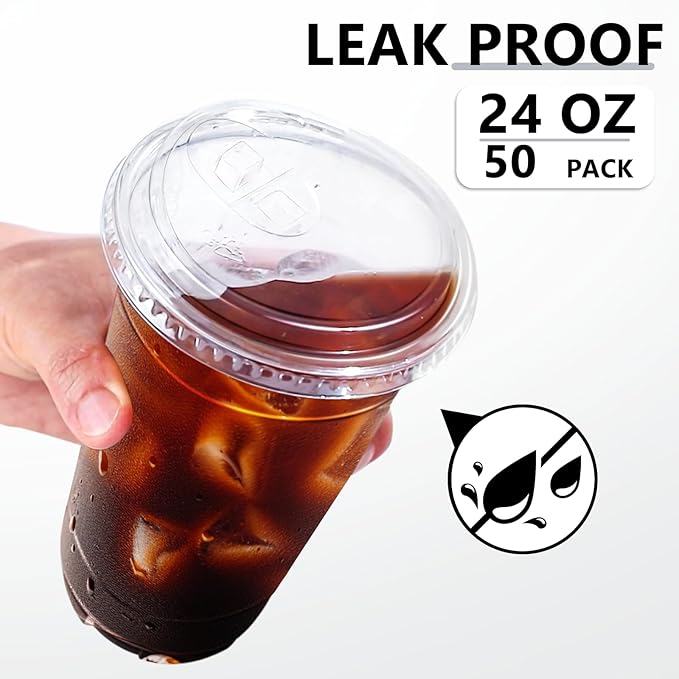 BYSNOW 50 Pack 24 oz Clear Plastic Cups with Lids, Disposable Iced Coffee Cups with Sip Lids, Sturdy Plastic Smoothie Cups for Cold Drinks