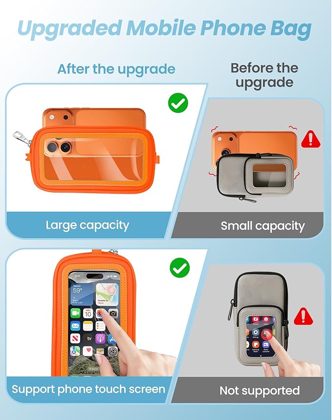 SHANSHUI Clip and Go Phone Lanyard Wallet, Hands-Free Crossbody Strap with Zipper Pocket & ID Window, Includes 2 Metal Tether Pads for Phones, Keys, Earphones, Accessories Orange