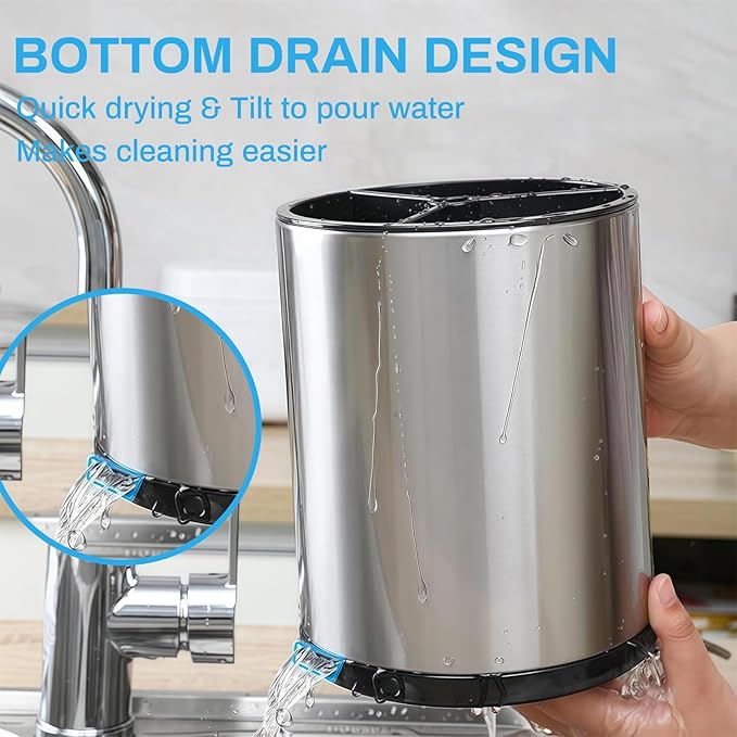 Kitchen Utensil Holder - 360° Rotating Stainless Steel Countertop Organizer (with Cleaning Brush) for Spoons, Spatulas & Cutlery Storage, Cooking Silverware Caddy with Removable Base, Silvery