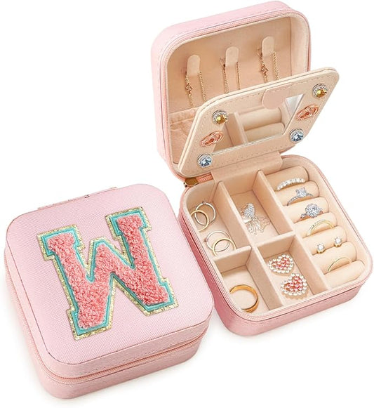 SANDJEST Personalized Jewelry Box, Pink Travel Jewelry Box with Initial W, Small Monogrammed Jewelry Case Organizer for Girls Women Teen Kids, Mini Travel Essentials Gifts for Birthday Christmas