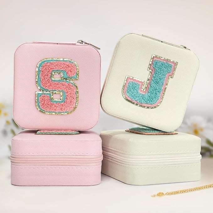SANDJEST Personalized Jewelry Box, White Travel Jewelry Box with Initial J, Small Monogrammed Jewelry Case Organizer for Girls Women Teen Kids, Mini Travel Essentials Gifts for Birthday Christmas
