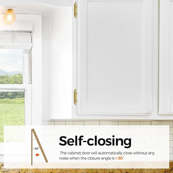 2 Pack 1 Pair Gold Cabinet Hinges - 1/2 inch Overlay Kitchen Cabinet Hinges, Semi-Concealed Hinges, Self Closing Cabinet Door Hinges with Door Bumper, Gold Face Mount Cabinet Hardware