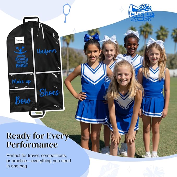 DEEKA Cheer Garment Bag for Hanging Clothes with Zipper Pockets Cheer Accessories Mom Essentials Uniform Costume 40 Inch Black Bags Stuff for Cheerleading Girls (Black,Blue-Cheer Quote)