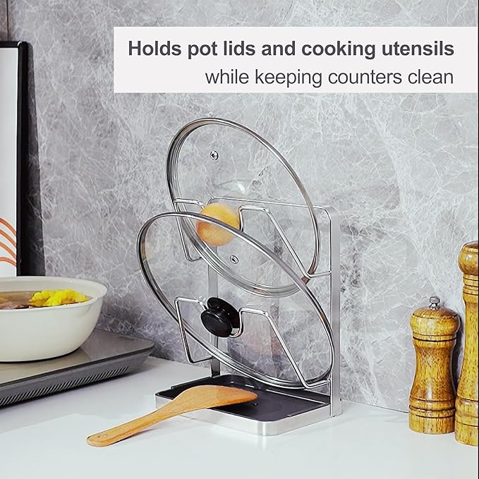304 Stainless Steel Pot Lid Holder While Cooking, Kitchen Pot Lid Storage Rack for Stovetop, Multifunctional Kitchen Pot Lid Organizer for Countertop (Silver)