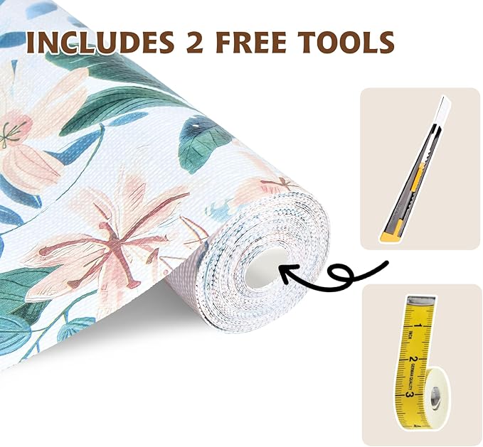 Shelf Liners for Kitchen Cabinets 17in x 20FT, Non Adhesive Drawer Liner Colored Flowers Thickened Shelf Liner Non-Slip Easy to Clean for Tool Box Refrigerator with Knife and Tape Measure