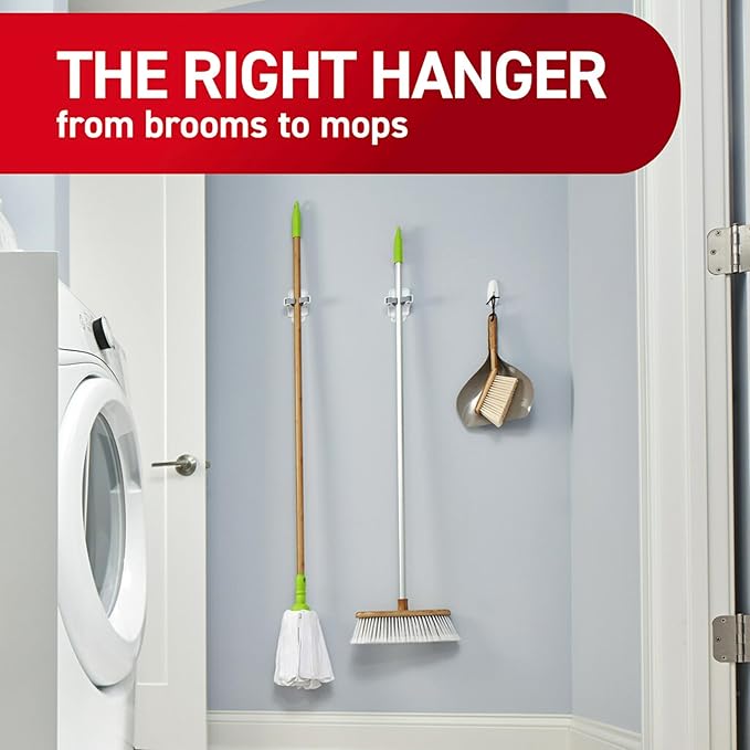 Command Broom and Mop Grippers,2 Hangers and 4 Strips,Damage-Free Hanging Wall Mount-and Mop Holder,Household Cleaning Organizer for Christmas Decorations,Holds up to 4 lb,Plastic,(Pack of 6)