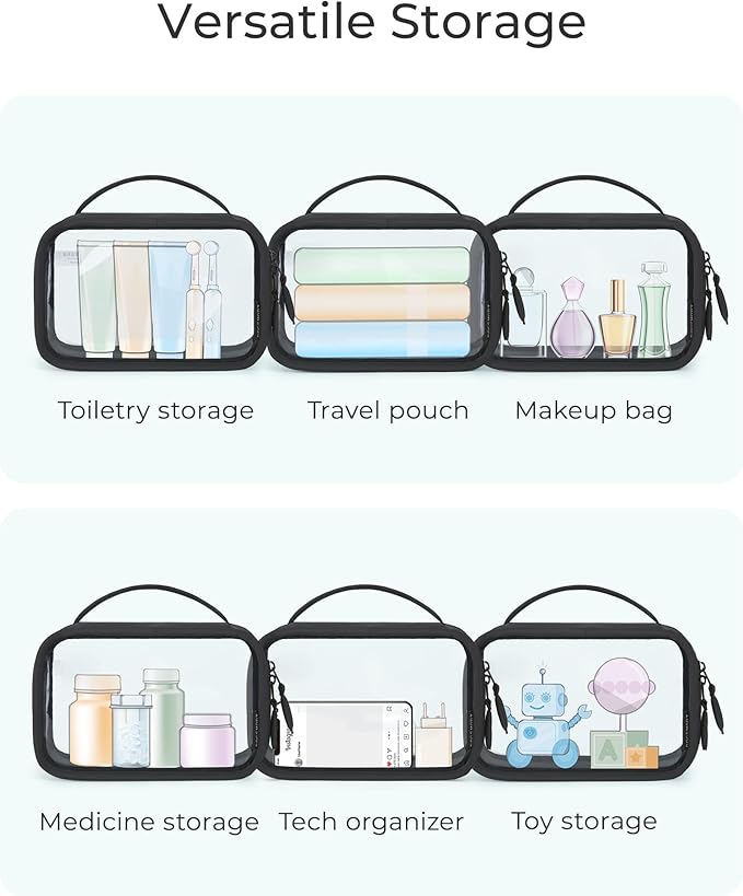 BAGSMART Double Layer Clear Makeup Bag, TSA-Approved Toiletry Bag, Large Opening with Handle, Cute Water-Resistant Travel Cosmetic Bag with Double Zipper for Car Essentials (Pink)