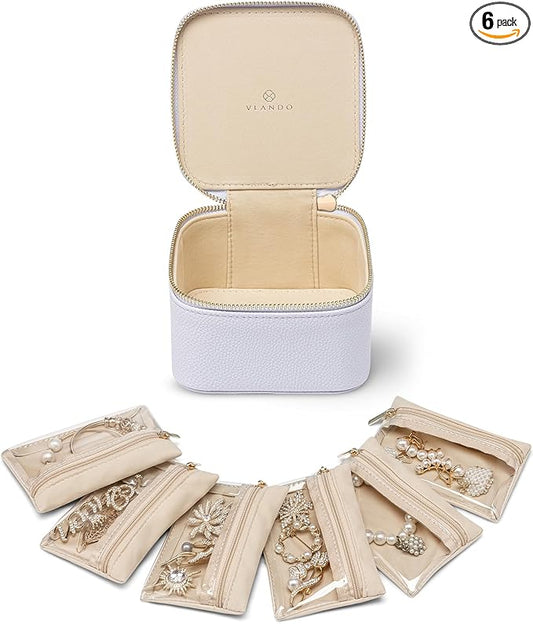 Vlando Travel Jewelry Case Organizer, Small Jewelry Box with 6 Velvet Jewelry Zipper Bags,Christmas Gifts for Women Girls Friends-Purple