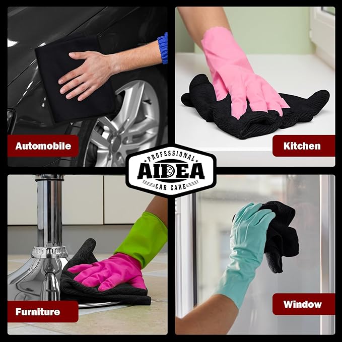 AIDEA Microfiber Cleaning Cloth Black 10PK, Microfiber Towels for Cars, Premium Washcloths, Dusting Cloths, Lint-Free Cleaning Rags for SUVs, House, Kitchen, Window, Cleaning Supplies 12×12"