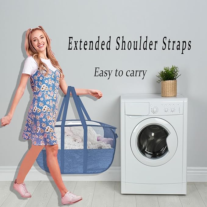 100L Collapsible Laundry Baskets 2 Pack, Extra Large Mesh Pop Up Laundry Hamper, Dirty Clothes Hamper with Reinforced Handles, Folding Hampers for Travel. Dorm or Home Portable Laundry Baskets. Blue