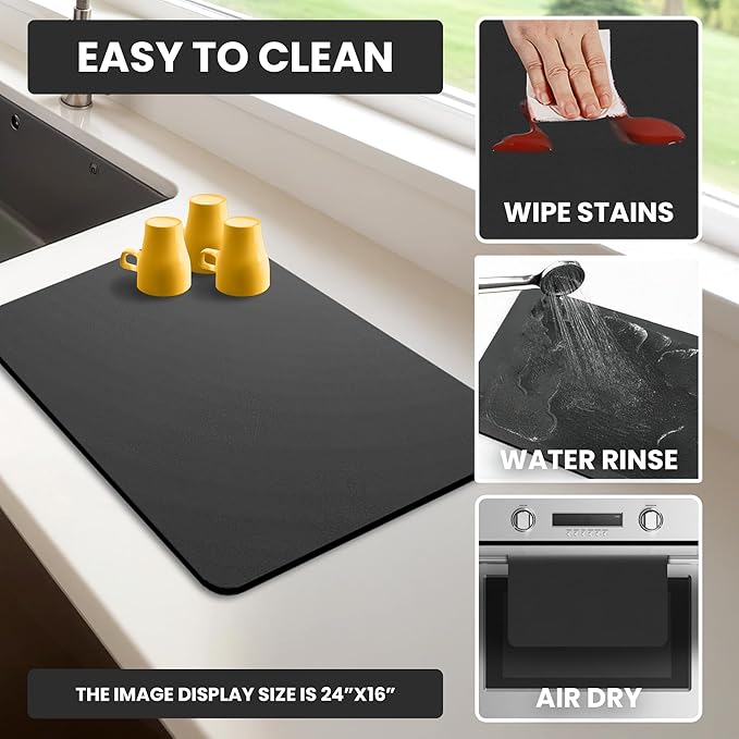 Dish Drying Mat Super Absorbent – 17" x 31" Coffee Mat for Countertops – Non-Slip Drying Mat for Kitchen Counter – Easy to Clean Water Absorbent Mat – XLarge Dish Drying Mats (Black)