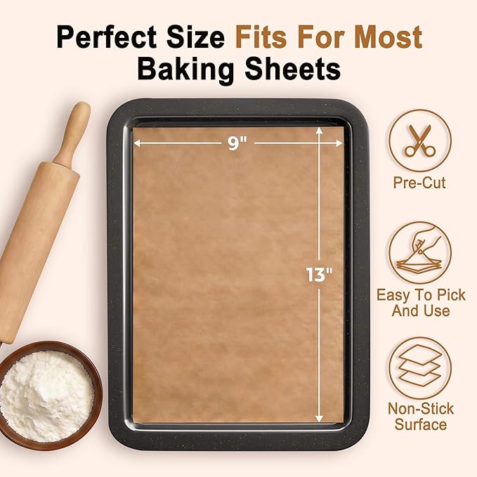 Parchment Paper Sheets, 9x13 Inch Non-Stick Precut Unbleached Parchment Paper for Baking, Grilling, Air Fryer and Steaming, Perfect for Cookies, Bread, Cakes and More, 100PCS
