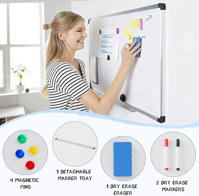 DUMOS Magnetic White Board Kit for Wall 36" x 24", Dry Erase Board with 1 Dry Eraser & 2 Multicolor Markers & 4 Magnetic Pins, Reinforced Aluminum Frame for Home, School & Office