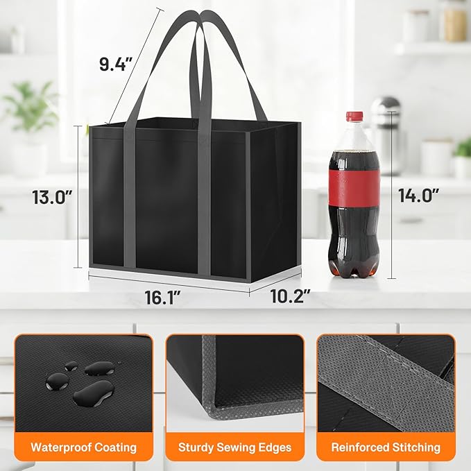 WISELIFE Reusable Grocery Bags with Handles - 4 Pack, 35L Large Shopping Bags for Groceries, Water-Resistant & Foldable Grocery Totes for Lasting Use for Kitchen, Market, Car Trunk, Picnic (Black)