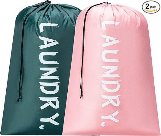 2 Pack 28" x 40" Travel Laundry Bag, Machine Washable Dirty Clothes Organizer with Drawstring, Large Enough to Hold 4 Loads of Laundry, Easy Fit a Laundry Hamper or Basket Travel Essentials