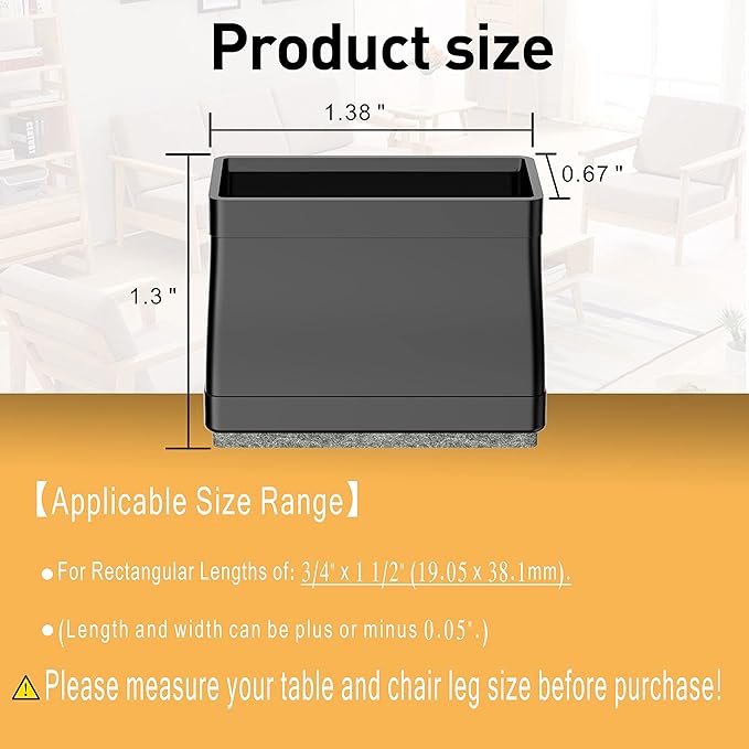 3/4" x 1 1/2" Rectangle Chair Leg Protectors for Hardwood Floors, Silicone Covers to Protect Wood Tile Floors Felt Pads Furniture Leg Caps Reduce Noise. Easy to Move. 16PCS Black.