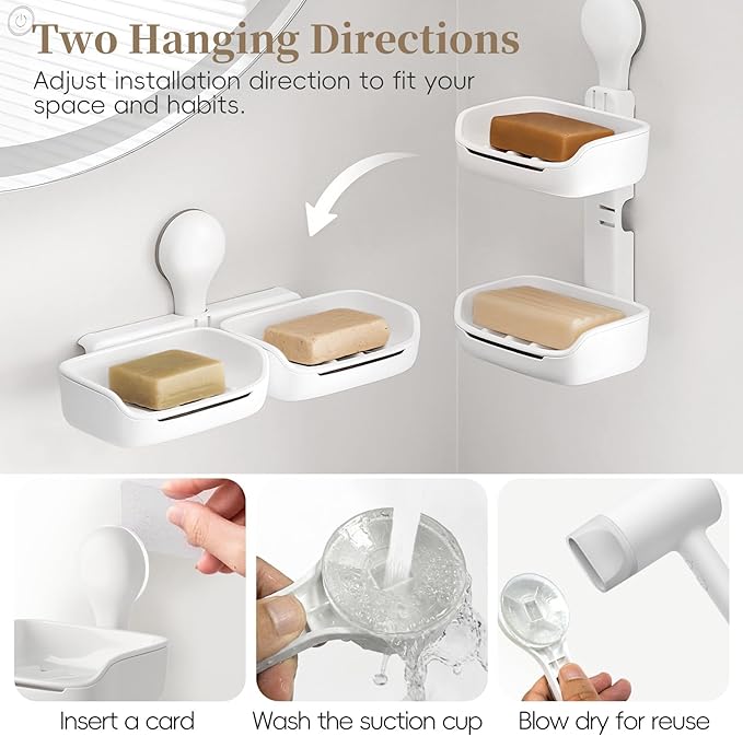 Double Soap Holder, Strong Hold Suction Cup Soap Dish, No Drill Double Layer Tray for Sponge and Bath Essentials, Wall Mount Organizer for Bathroom & Kitchen Sink, White