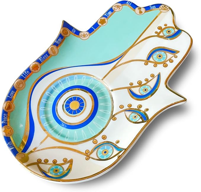 Exquisite Small Ceramic Jewelry Tray - Trinket Dish Evil Eye Decor, Gold Plate Ring Holder, Modern Boho Home Essentials, Perfume Organizer, Witchy, Aesthetic Room Decor (Blue Hamsa)