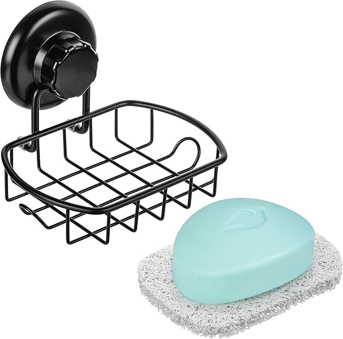 Suction Soap Dish with Hooks - Super Powerful Vacuum Suction Cup Shower Soap Holder - Rustproof Stainless Steel SS304 Soap Basket - Sponge Holder for Bathroom & Kitchen (Black)