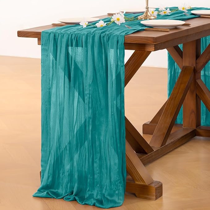 Socomi Teal Blue Cheesecloth Table Runner Summer Boho Rustic Gauze 120 inch 10FT Cheese Cloth Sheer Runner for Wedding Party Baby Shower Birthday Home Decor