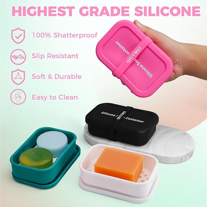 Silicone Soap Holder, Enhanced Leak-Proof Travel Soap Container with Draining Layer, Portable Bar Soap Holder, Soap Case with Soap Bag, Soap Dishes for Bathroom/Camping/Gym (Pink)