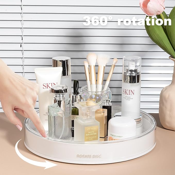 Anyoifax 360 Rotating Makeup Organizer Perfume Tray Skincare Holder Spinning Cosmetic Storage Bathroom Countertop Organizer Lazy Susan Turntable for Dresser, Vanity, Kitchen, Large White