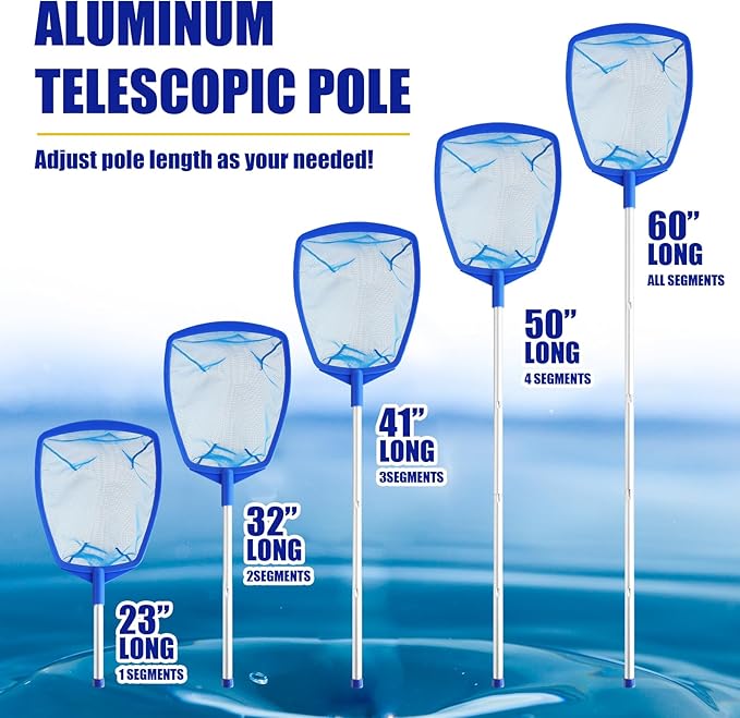 Pool Skimmer - Pool Skimmer Net with 5 Section Adjustable Telescopic Aluminum Pole, 23''- 60'', Pool Net Skimmer Rake with Ultra Fine Mesh , Pool Leaf Skimmer for Swimming Pools, Spas, Hot Tubs