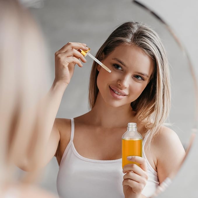 Fumete 2 Pack Glass Bottles 4oz Empty Refillable Liquid Containers with 1 Label 1 Funnel for Essential Oils Hair Travel Plants Cleaning Skin Care (Clear, Gold Top,Dropper Bottle)