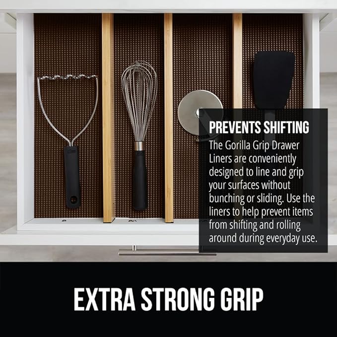 GORILLA GRIP powerGRIP Drawer Shelf and Cabinet Liner, Thick Strong Hold, Non-Adhesive Liners Protect Kitchen Cabinets and Cupboard, Bathroom Drawers, Easy Install, Breathable Mat, 12" x30', Chocolate