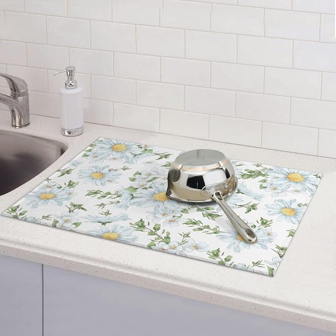 Watercolor Daisy White Dish Drying Mat for Kitchen Counter, Microfiber Absorbent Dish Draining Mat, Large Kitchen Drying Mat Heat Resistant Drying Pad for Dishes Utensils Countertops Sinks 18x24 Inch