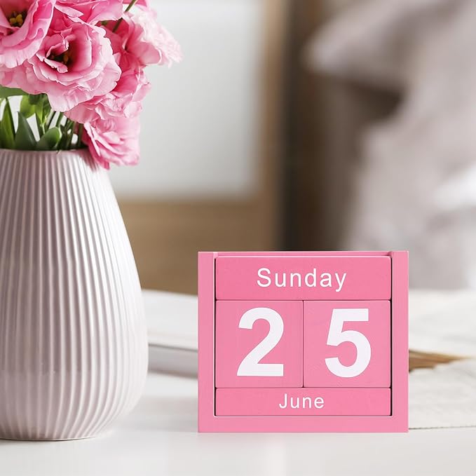 Wooden Block Calendar for Desk, Daily Desktop Perpetual Desk Calendar, Cute Date Display Blocks Desk Accessory for Home Office Decor, Teacher, Classroom, Reusable Yearly, Pink