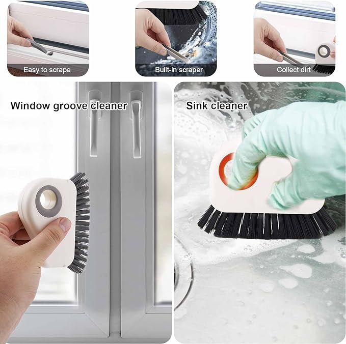 PEUTIER 2pcs Crevice Cleaning Brush, Hard Bristle Window Track Cleaning Tools 2 in 1 Cleaner Scrub Brush Grip Brush Cleaner with Hidden Scraper for Sliding Door Sill Shutter Vents Household